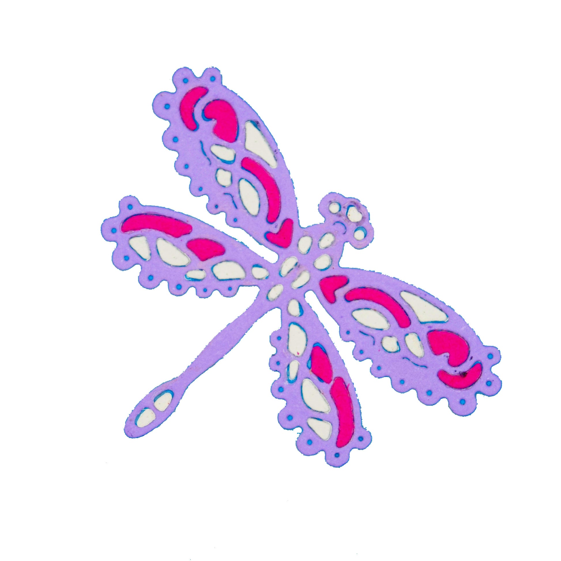 Decorative lace style dragonfly die cut in layered pink purple and white card for card making and papercraft projects