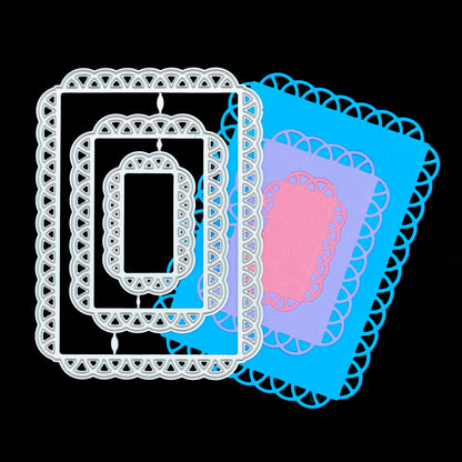 Three lace edge rectangle metal cutting dies displayed with coordinating layered cardstock cuts for card making.
