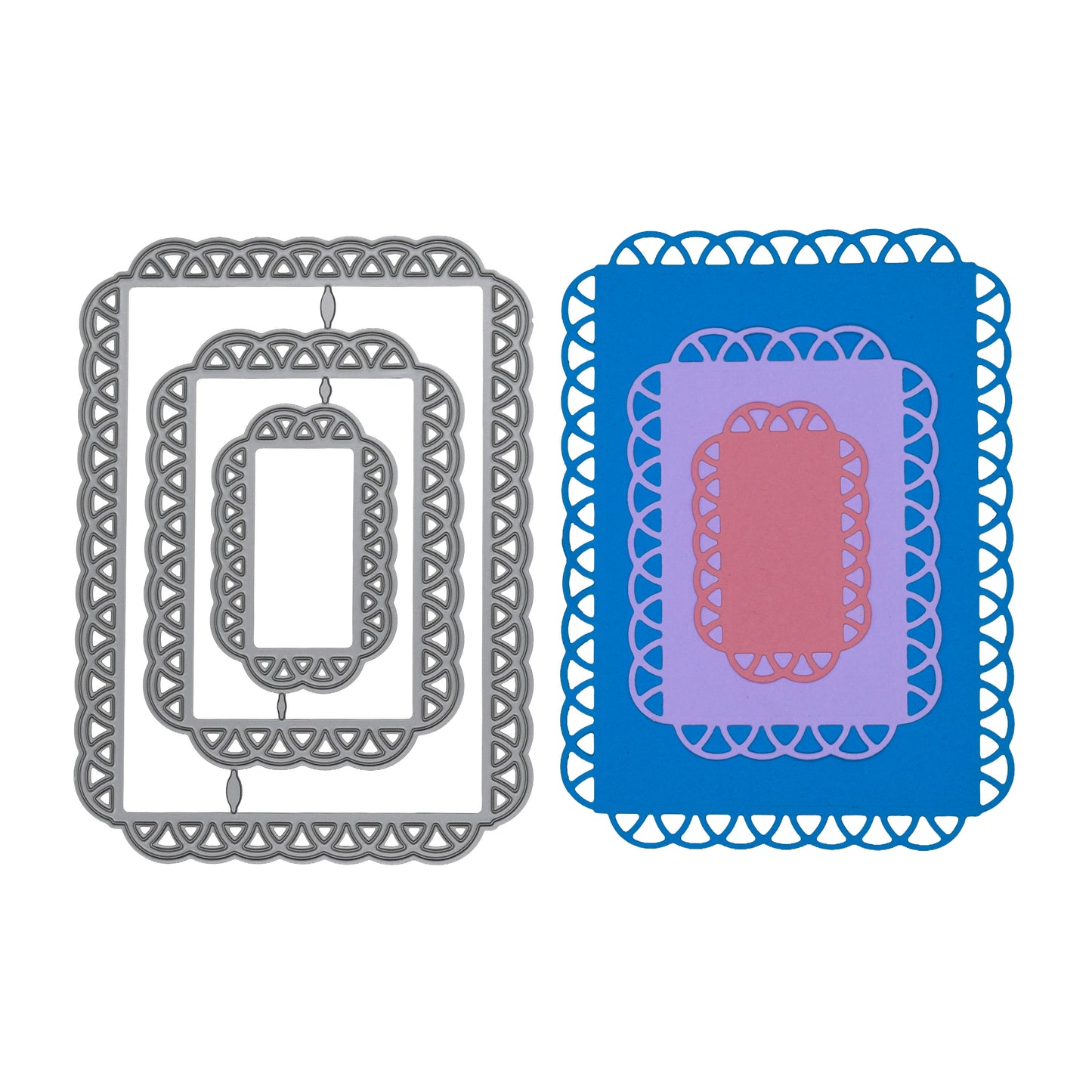 Three lace edge rectangle metal cutting dies beside blue, lilac and pink cardstock cuts showing the graduated sizes.