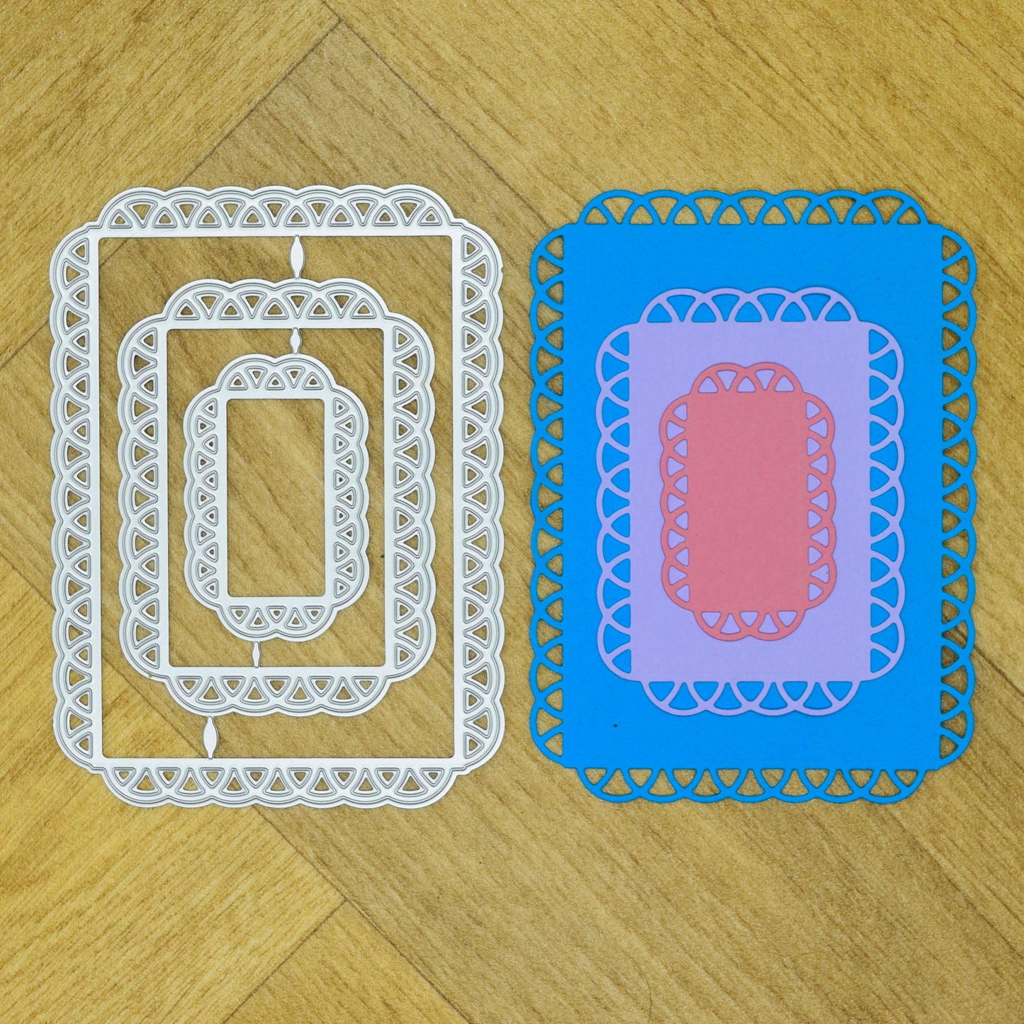 Decorative rectangle nesting metal cutting dies beside blue and pastel example cuts showing the open lace-style edging.