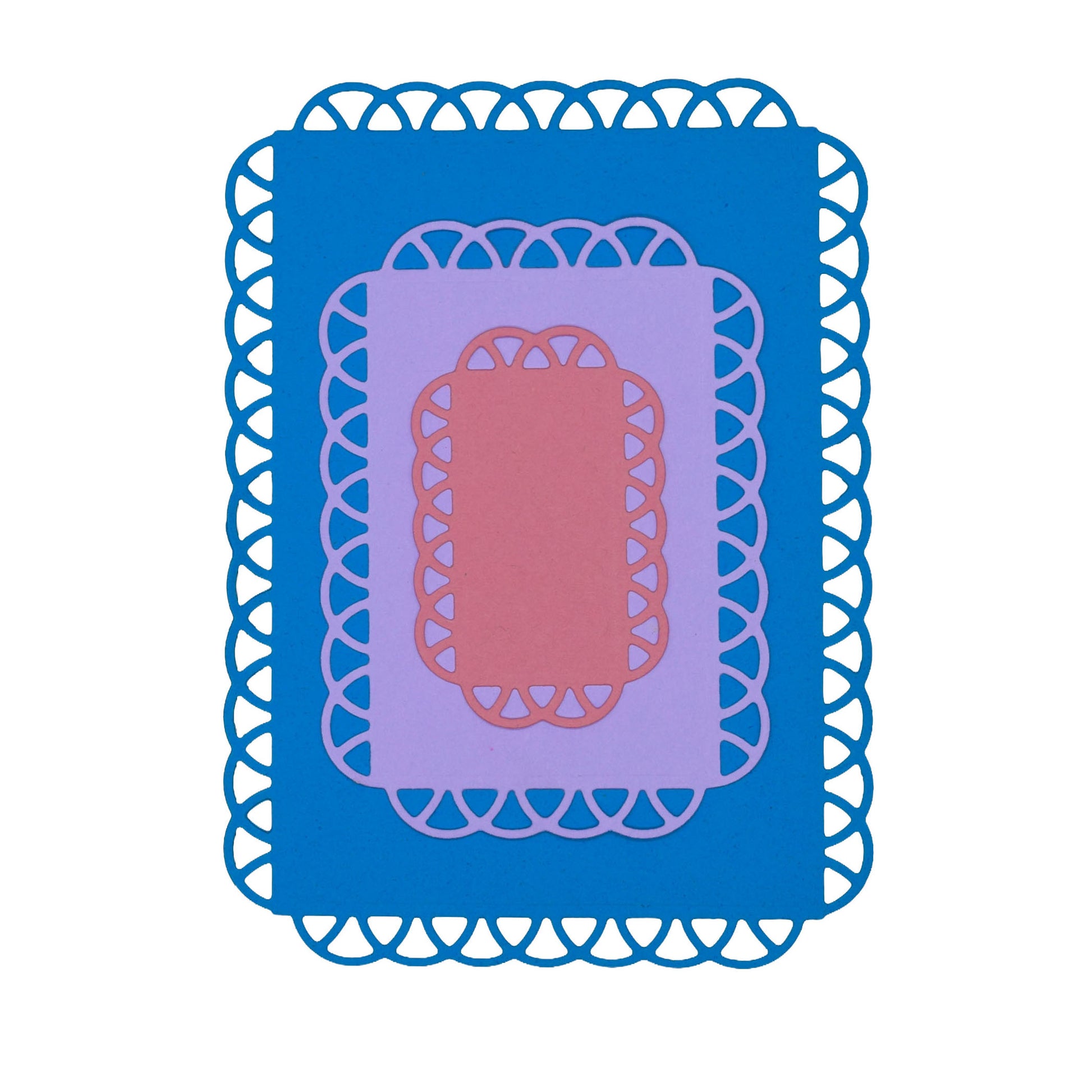Layered blue, lilac and pink cardstock panels created with decorative lace edge rectangle metal cutting dies.