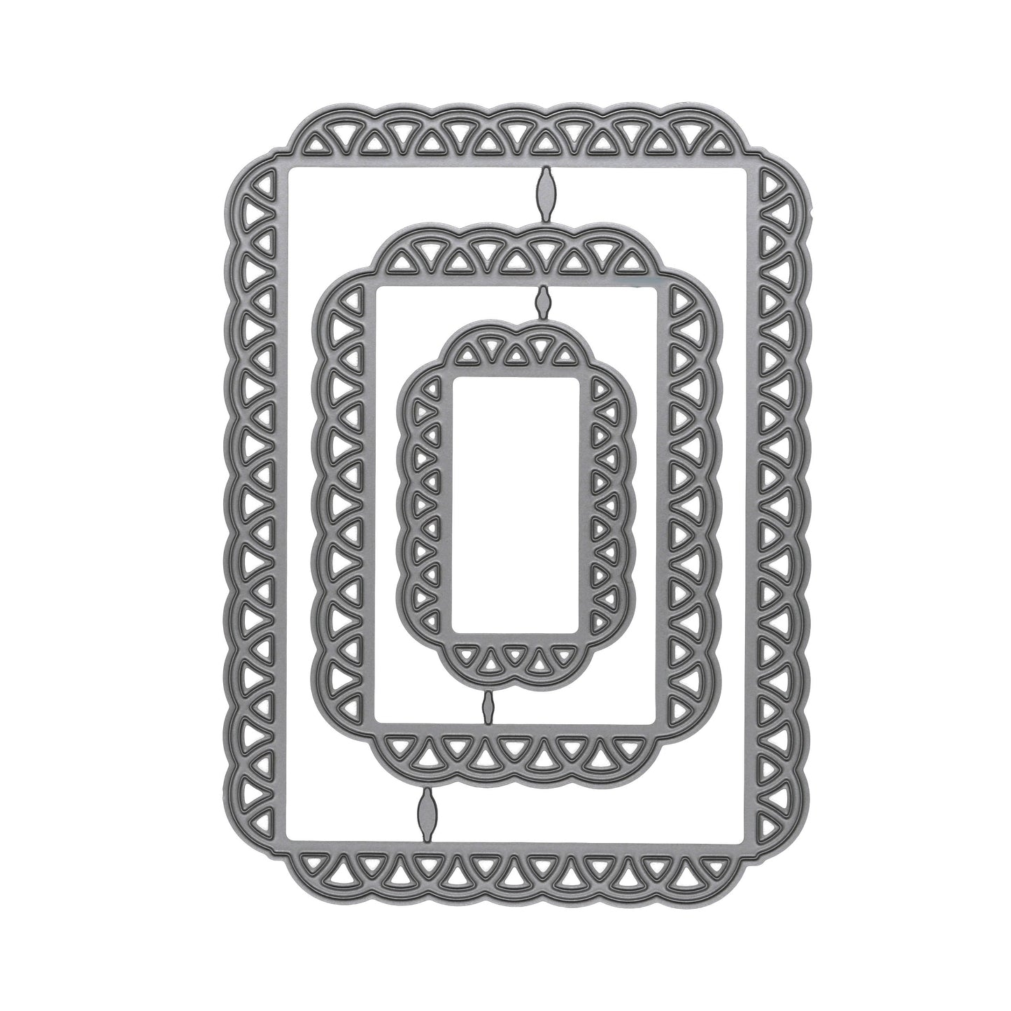 Set of three graduated decorative lace edge rectangle metal cutting dies with rounded corners and openwork borders.