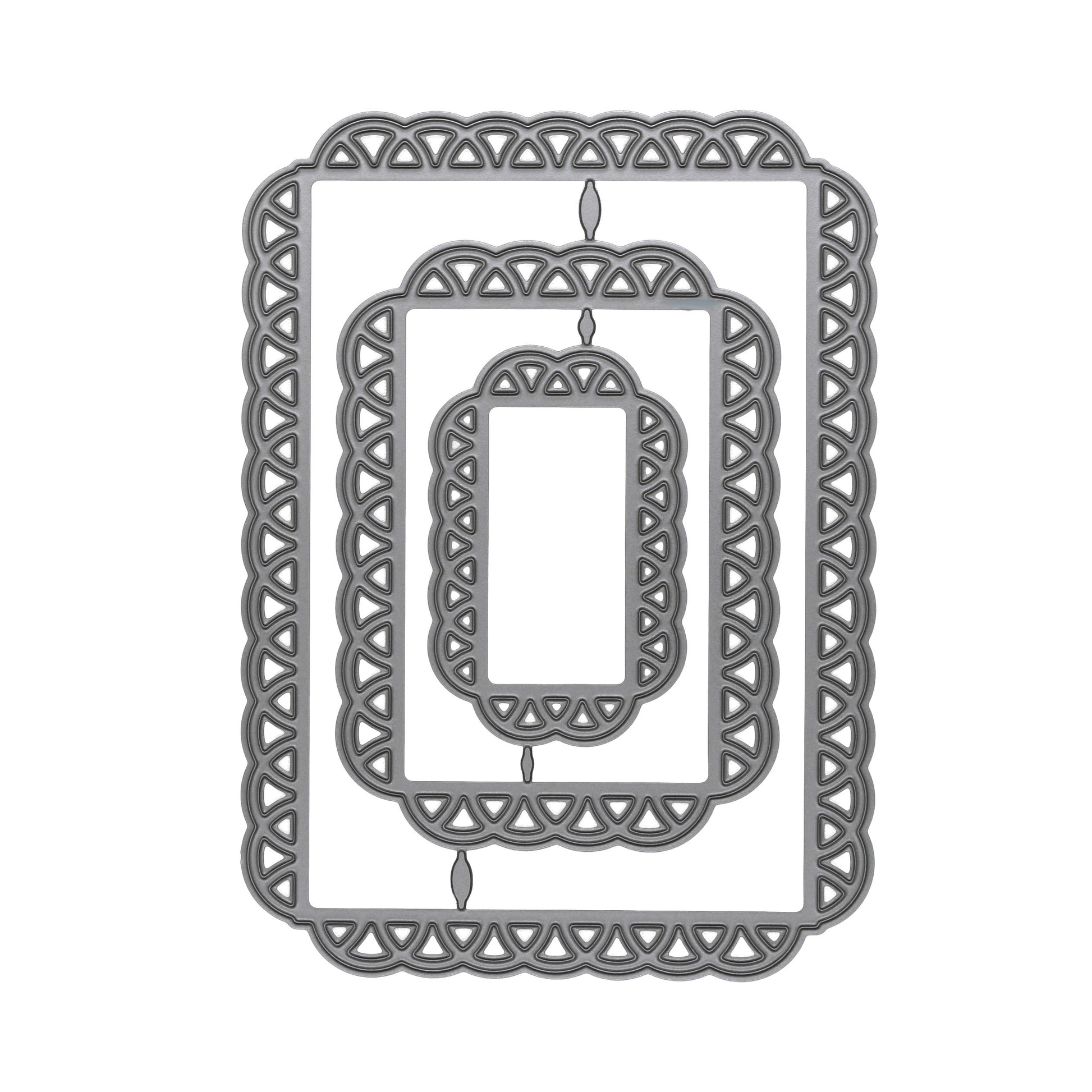 Set of three graduated decorative lace edge rectangle metal cutting dies with rounded corners and openwork borders.