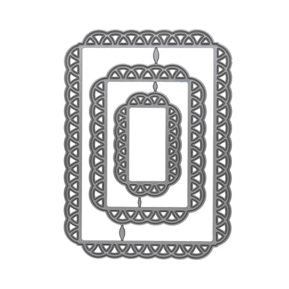 Set of three graduated decorative lace edge rectangle metal cutting dies with rounded corners and openwork borders.
