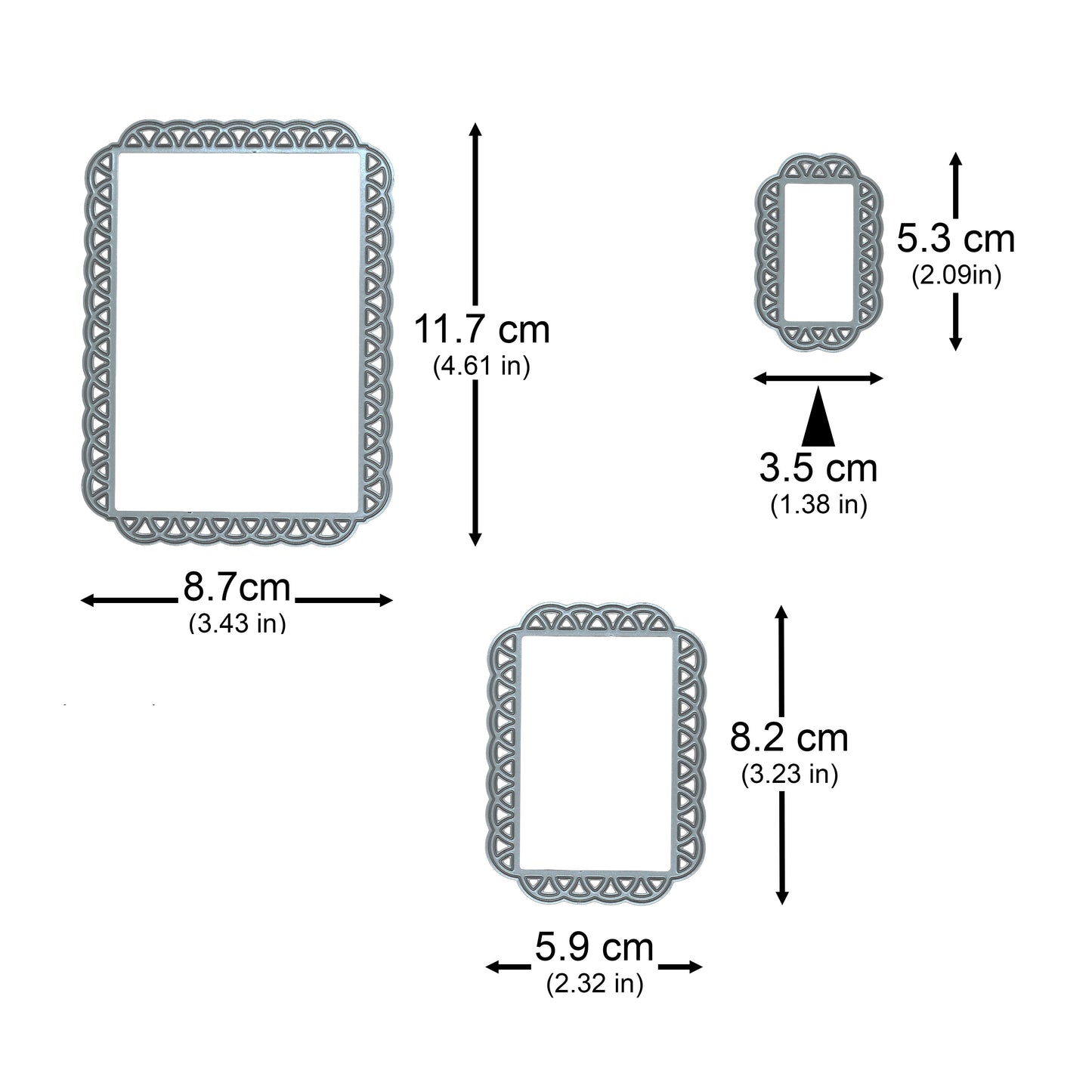 Measurements of the three lace edge rectangle metal cutting dies, ranging from 5.3 × 3.5 cm to 11.7 × 8.7 cm.