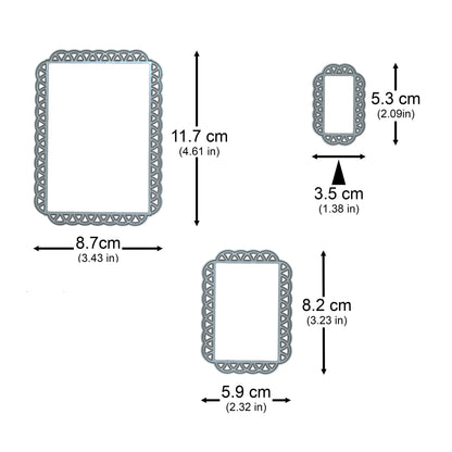 Measurements of the three lace edge rectangle metal cutting dies, ranging from 5.3 × 3.5 cm to 11.7 × 8.7 cm.