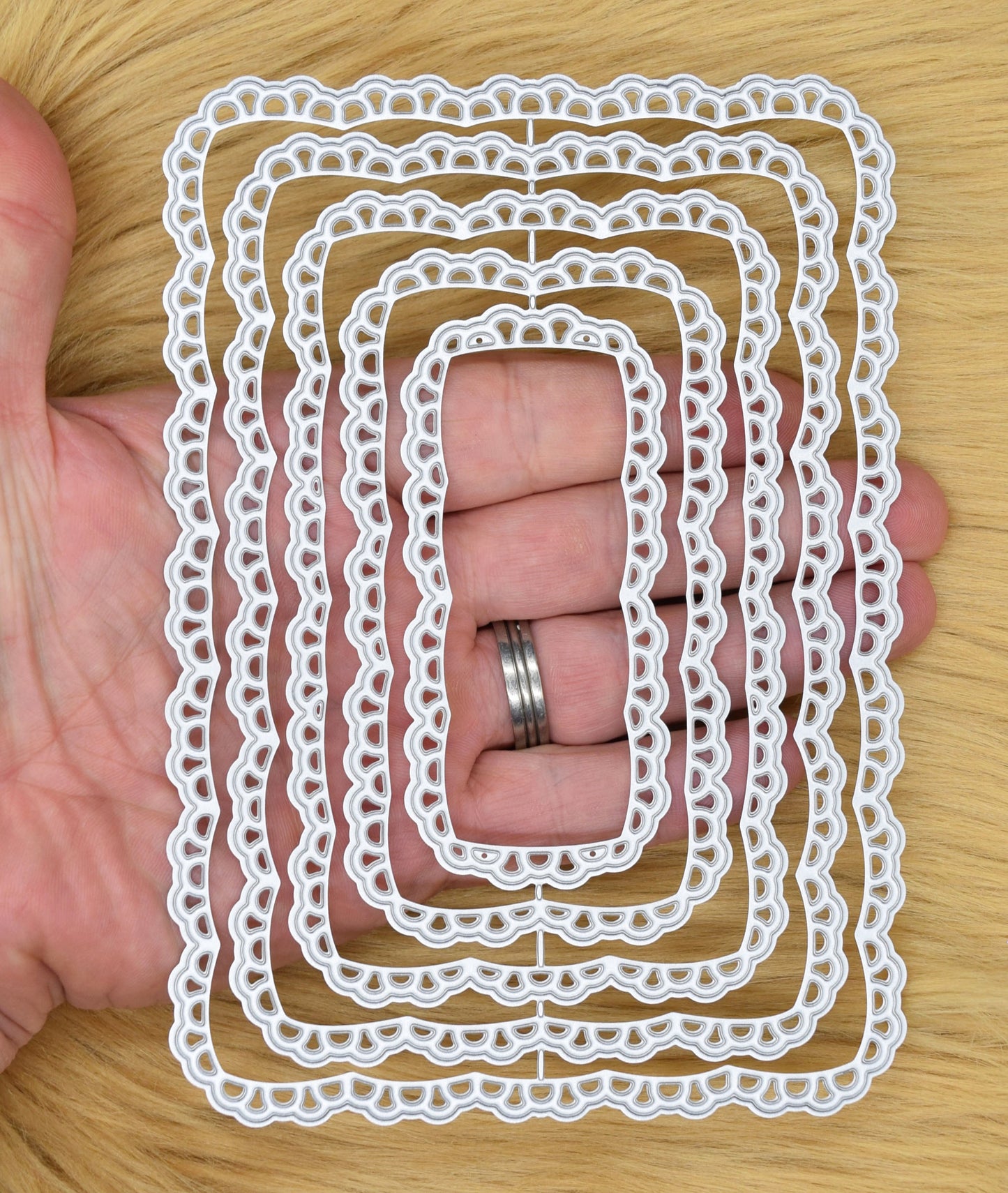 Lace rectangle nesting dies shown in hand for size reference