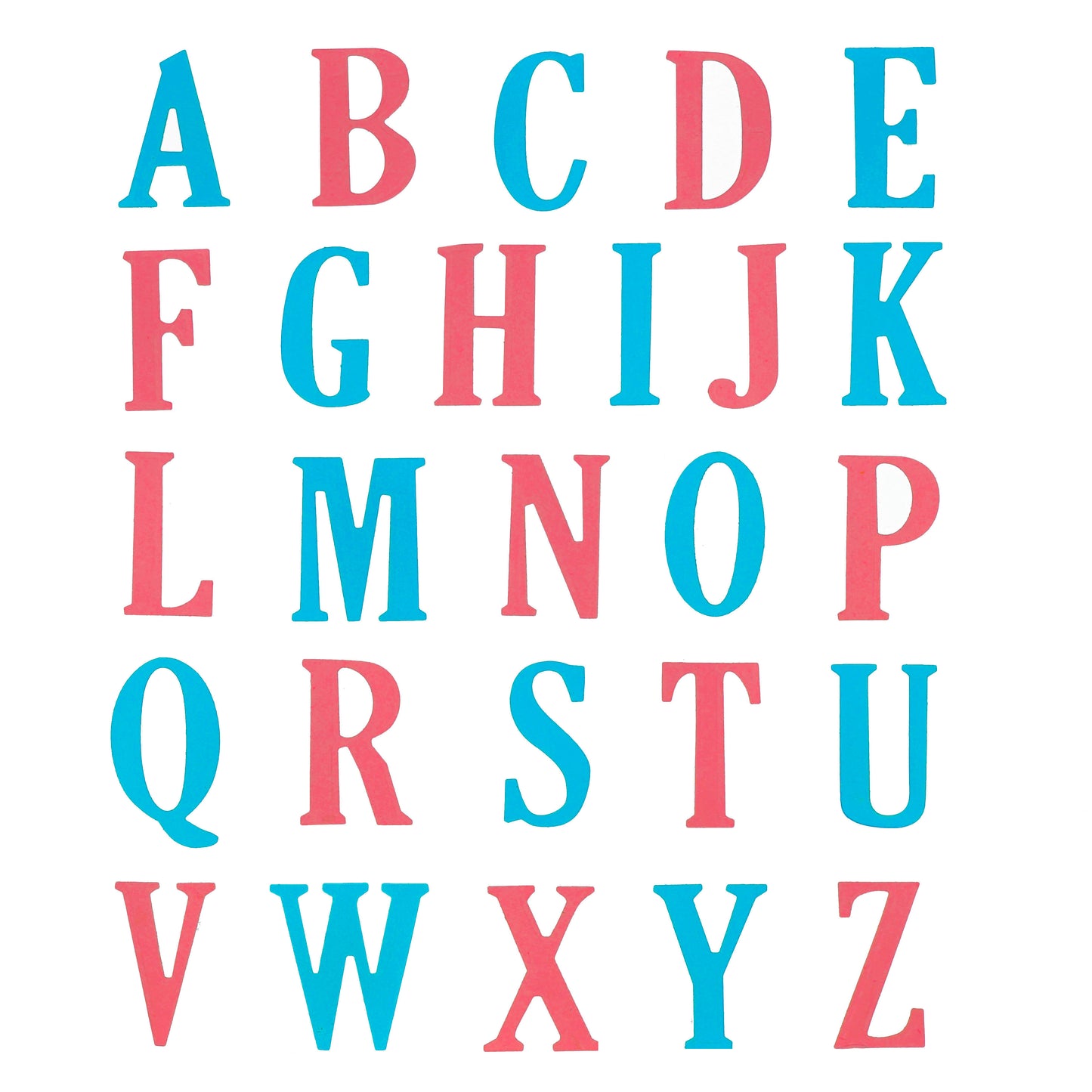 Complete uppercase alphabet cut from coloured cardstock using large metal cutting dies