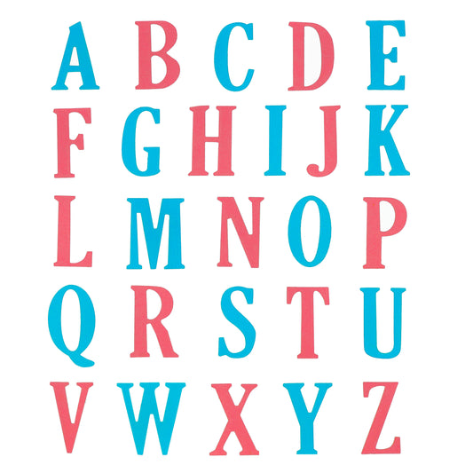Complete uppercase alphabet cut from coloured cardstock using large metal cutting dies