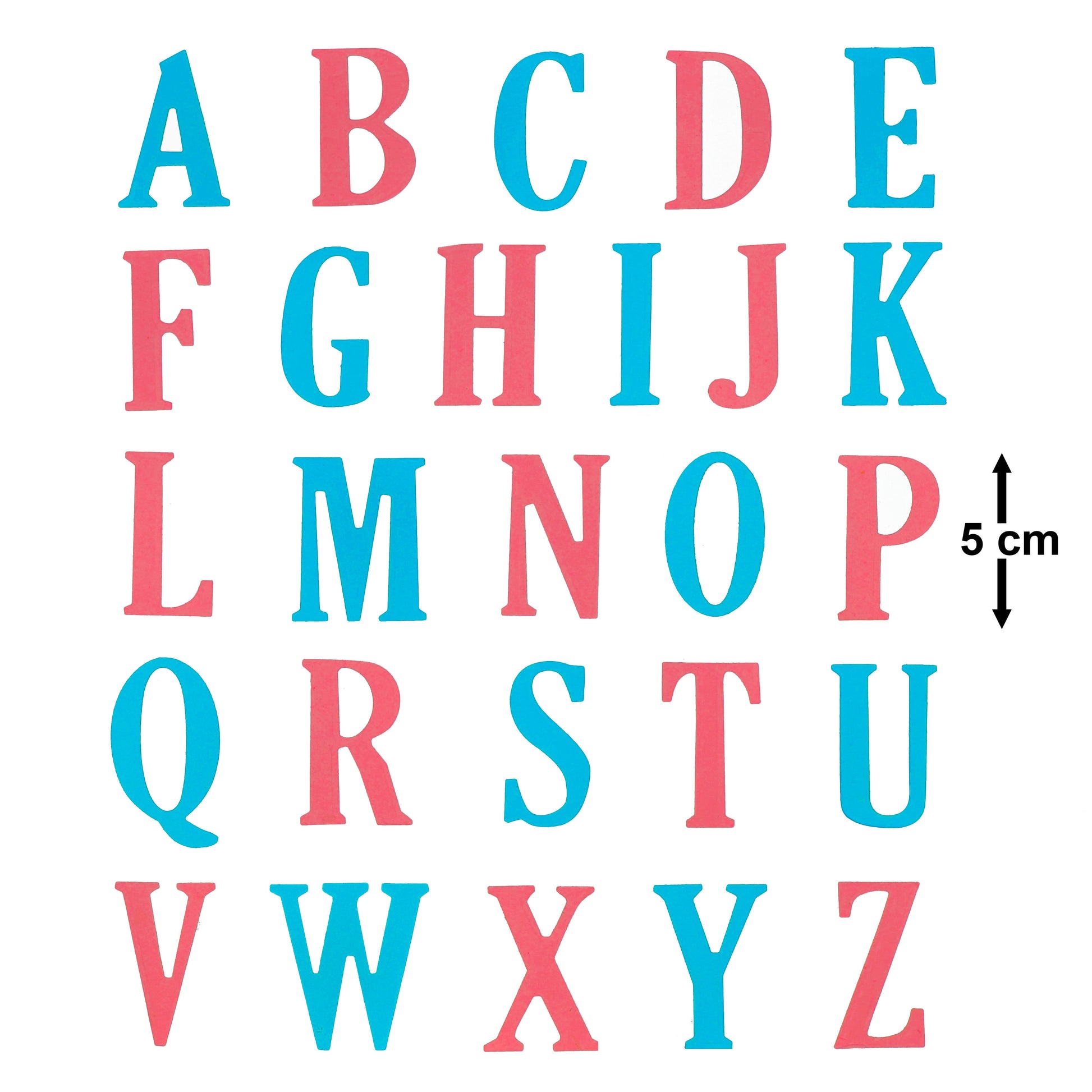 Complete uppercase alphabet die cuts with 5 cm letter height shown for size reference