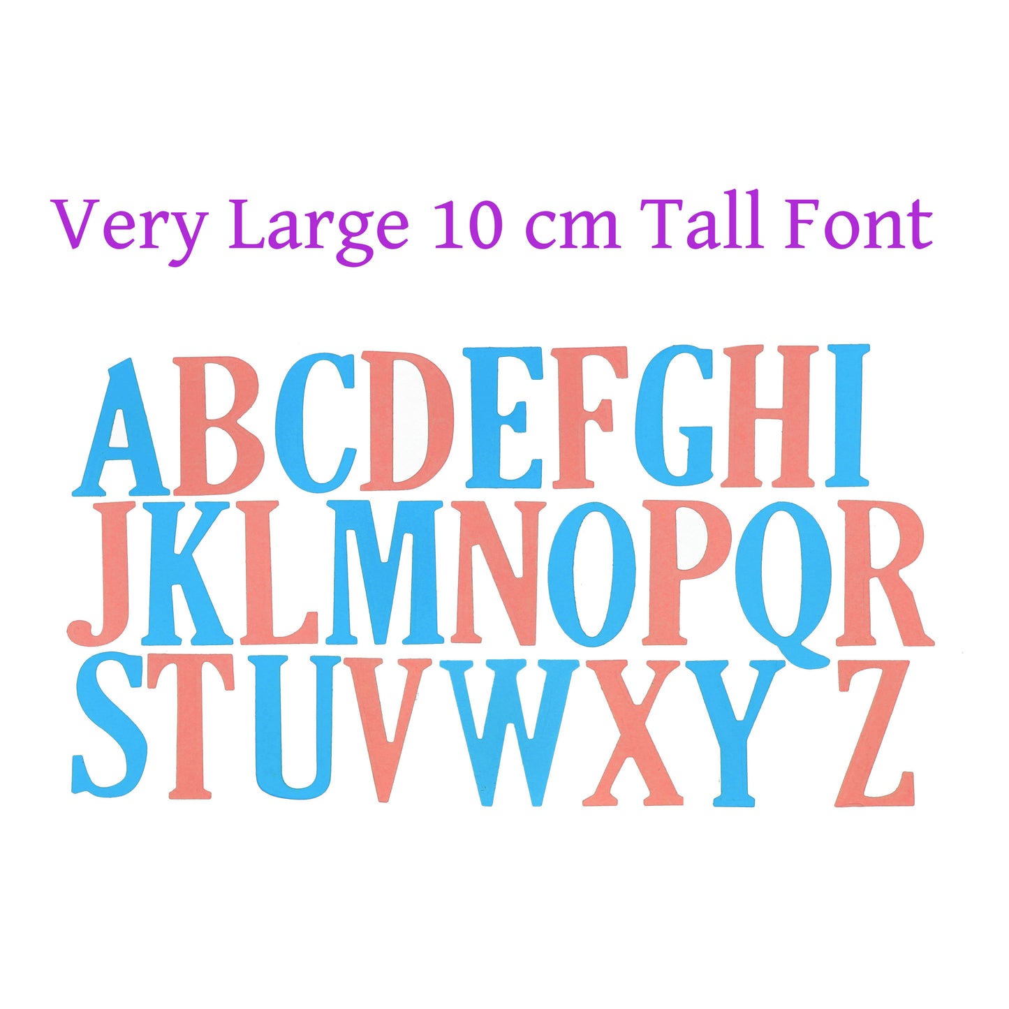 Very large 10 cm uppercase alphabet paper cuts arranged together in alternating blue and coral colours.