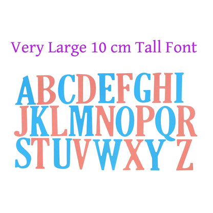 Very large 10 cm uppercase alphabet paper cuts arranged together in alternating blue and coral colours.