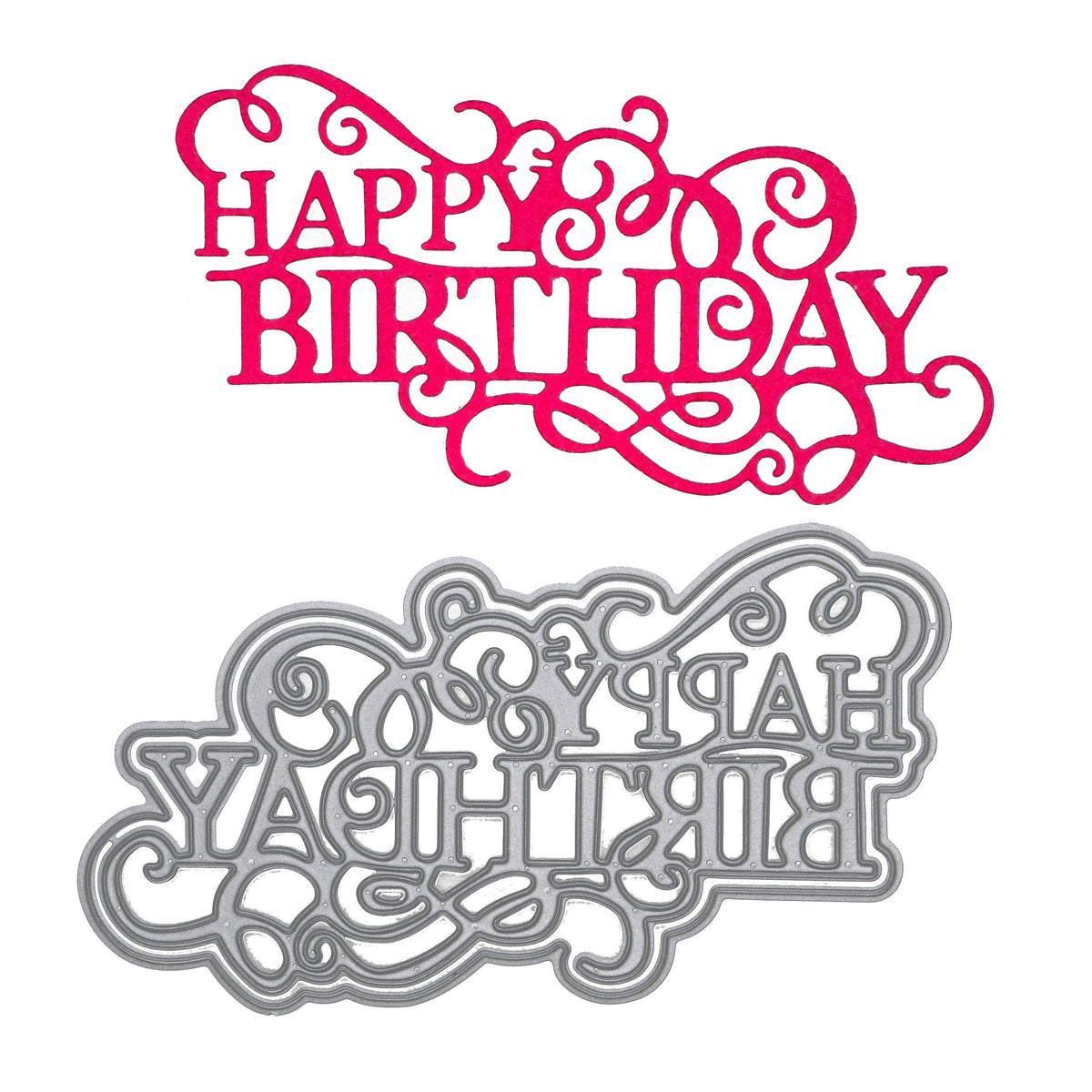 Large Happy Birthday metal cutting die with decorative flourish sentiment and finished pink die cut example