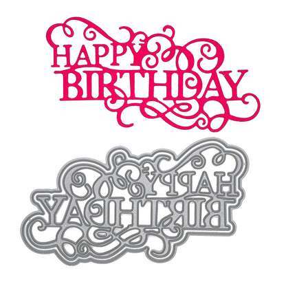 Large Happy Birthday metal cutting die with decorative flourish sentiment and finished pink die cut example