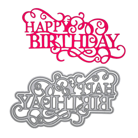 Large Happy Birthday metal cutting die with decorative flourish sentiment and finished pink die cut example
