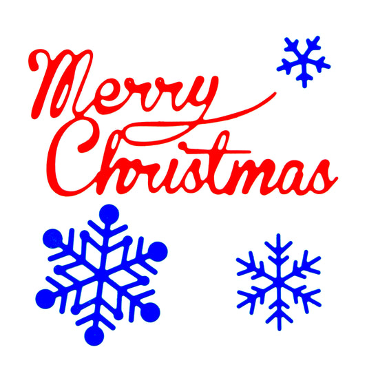 Red Merry Christmas script greeting and three blue snowflake paper cuts on white, showing the designs for festive card making.