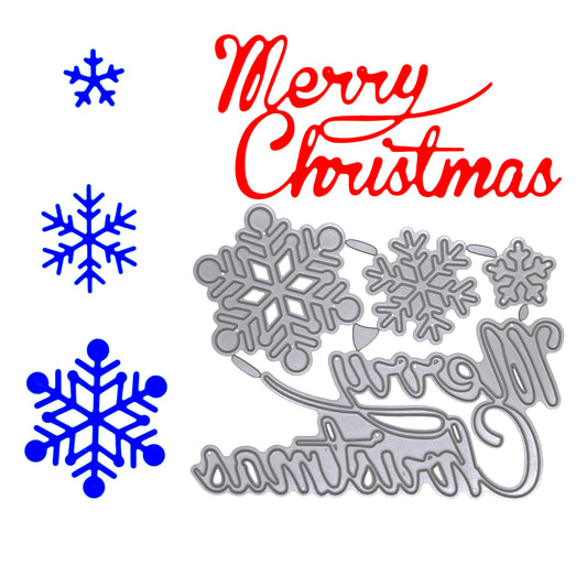 Large Merry Christmas and snowflake metal cutting dies beside a red script greeting and three blue paper snowflakes on white.