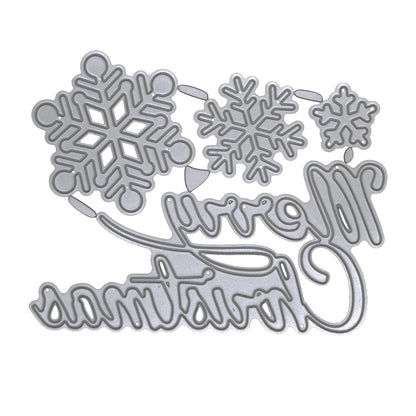Four-piece Merry Christmas and snowflake metal cutting die set on white, showing the script sentiment and three snowflake designs.