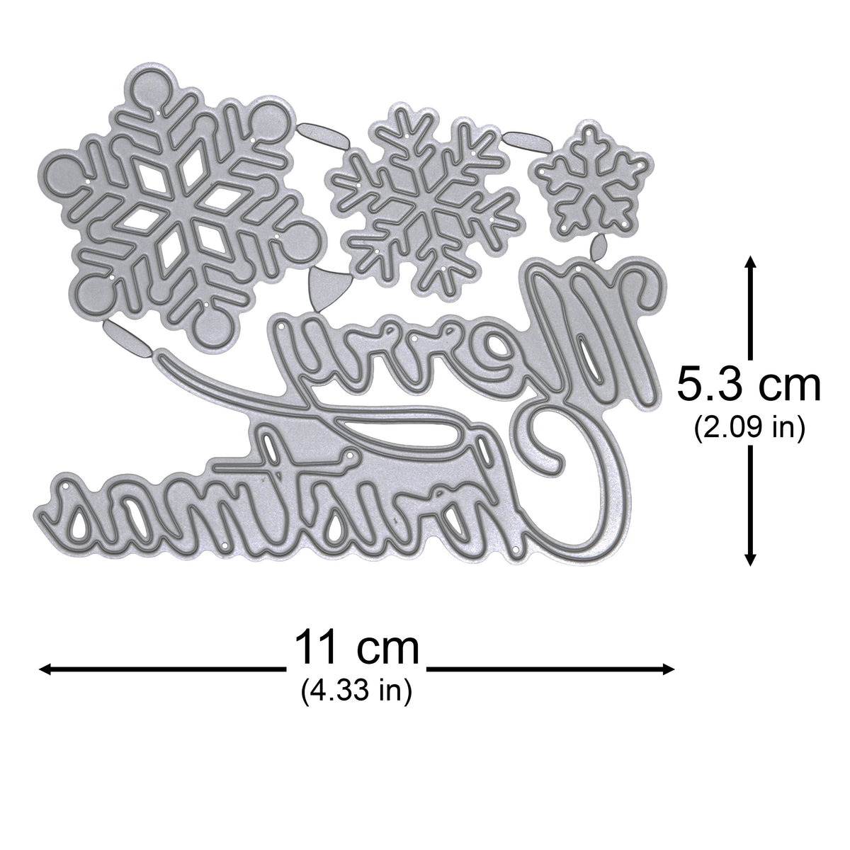 Merry Christmas and snowflake metal cutting dies with arrows marking the sentiment size of 11 cm wide by 5.3 cm tall.