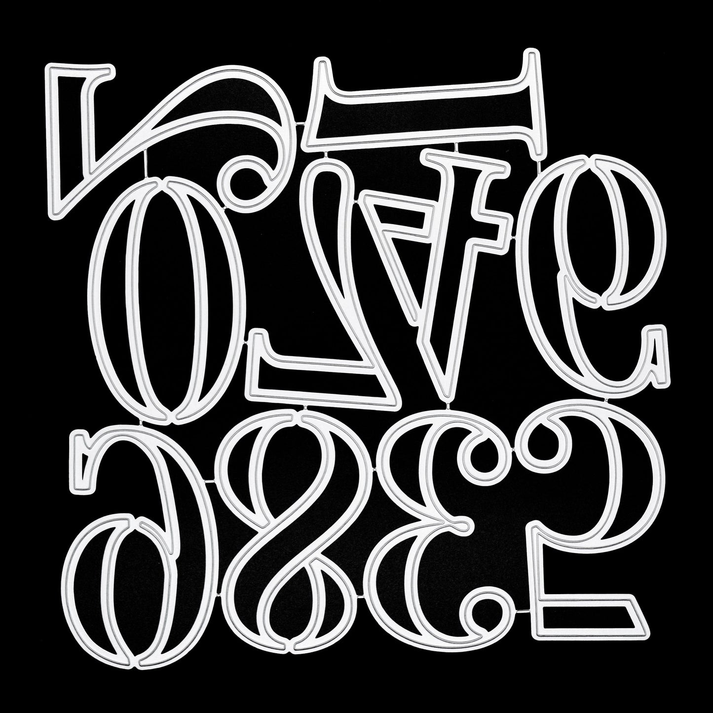 Connected large number metal cutting die set featuring decorative numerals from 0 to 9 on a black background