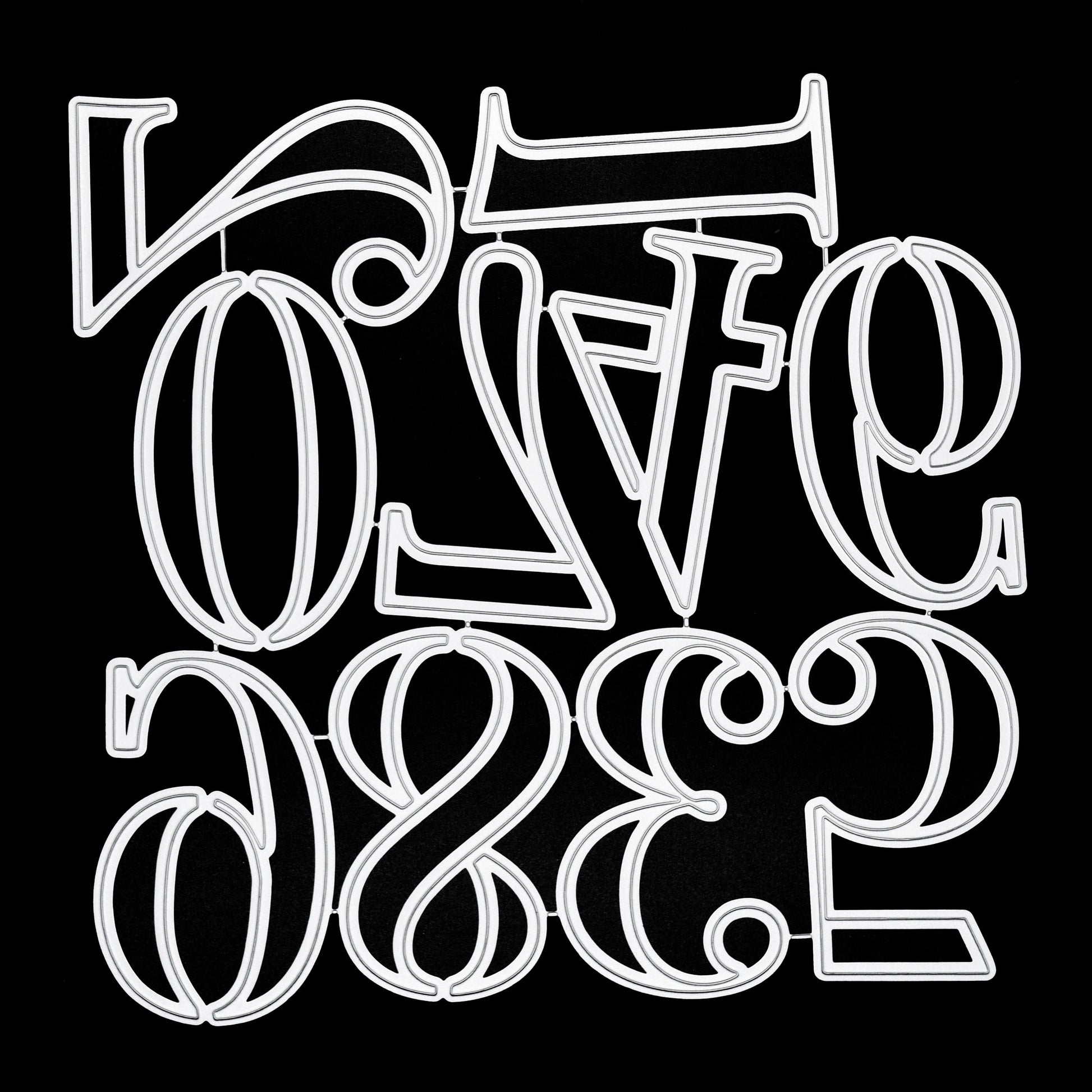 Connected large number metal cutting die set featuring decorative numerals from 0 to 9 on a black background