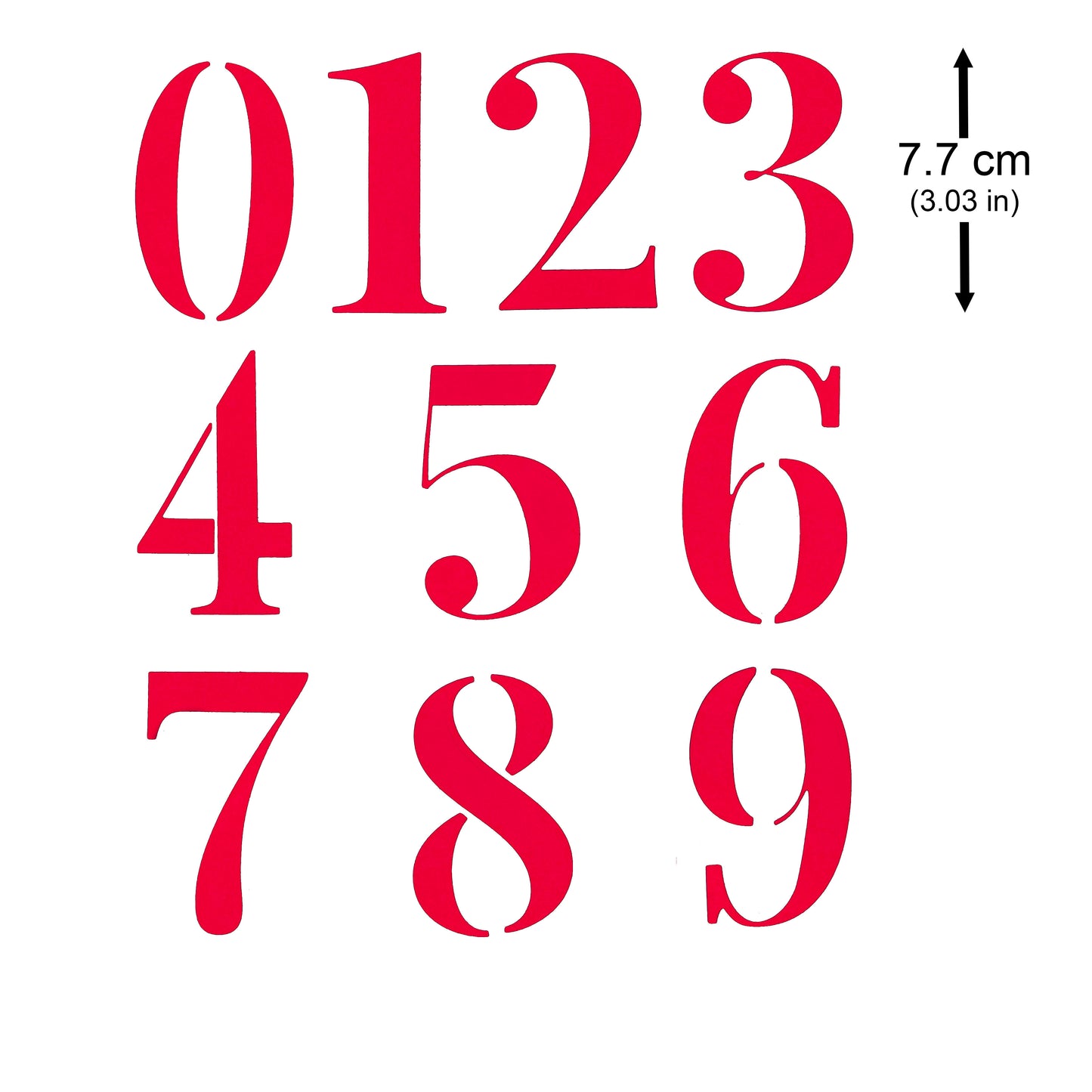 Red decorative number die cuts from 0 to 9 showing an approximate finished height of 7.7 cm