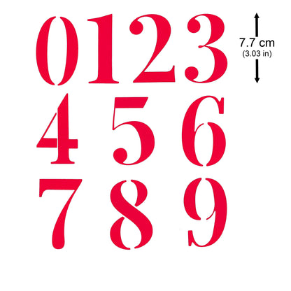 Red decorative number die cuts from 0 to 9 showing an approximate finished height of 7.7 cm