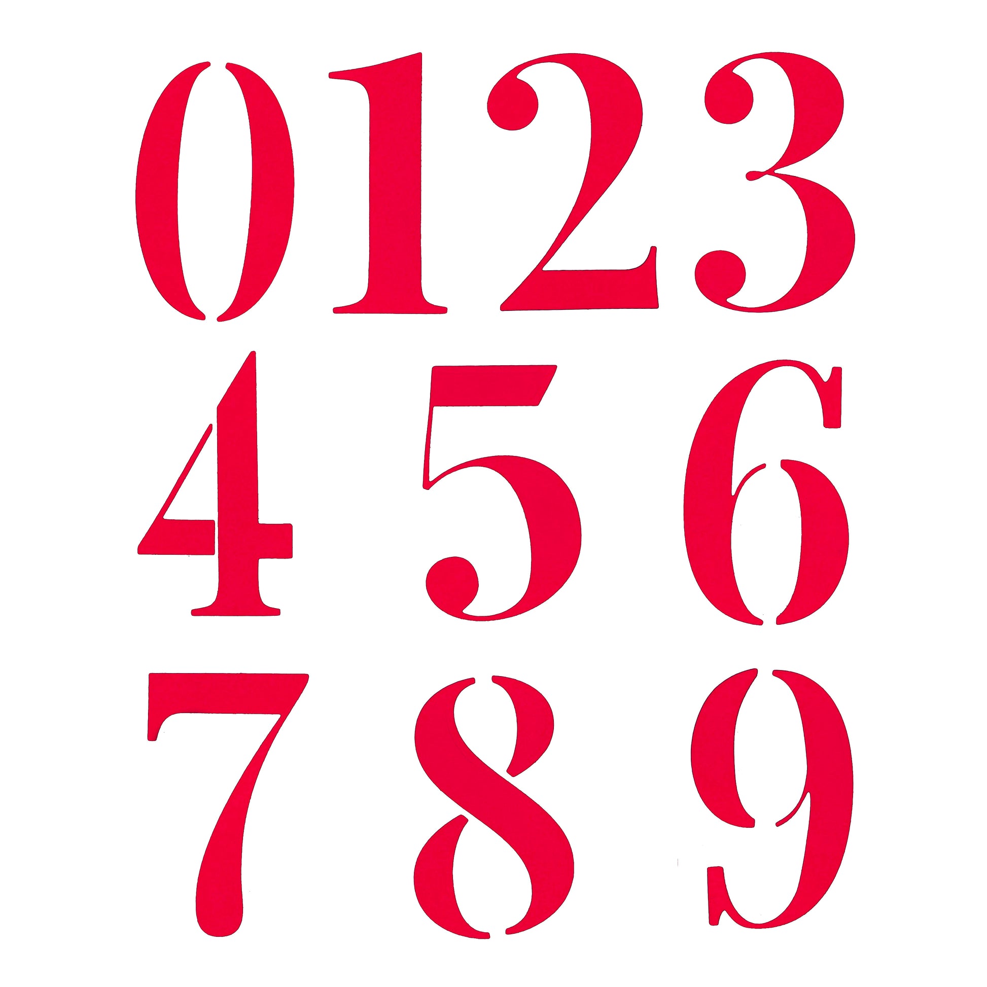 Red decorative number die cuts from 0 to 9 displayed on a white background