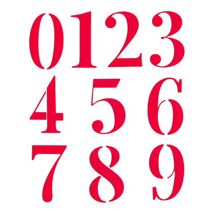 Red decorative number die cuts from 0 to 9 displayed on a white background