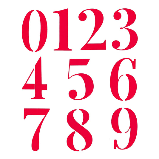 Red decorative number die cuts from 0 to 9 displayed on a white background