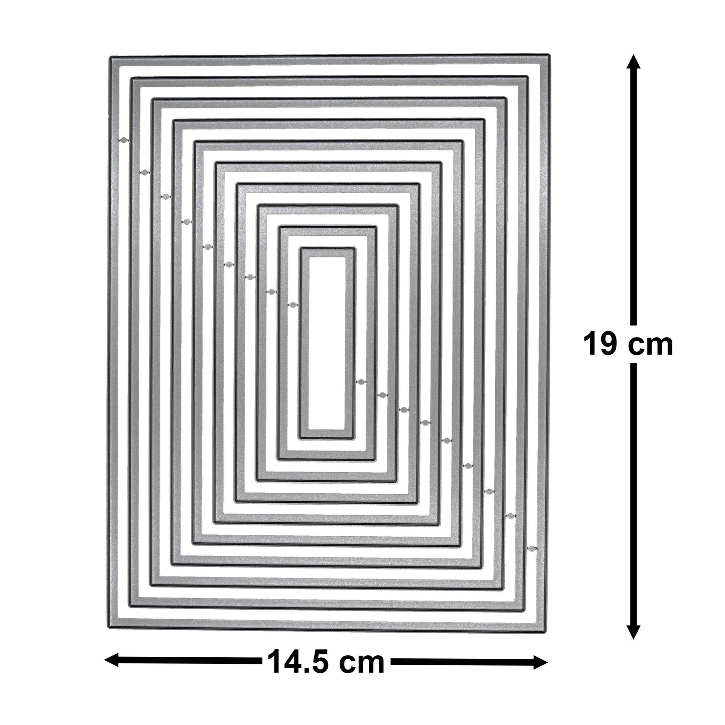Large plain rectangle nesting metal cutting dies measuring 19 cm by 14.5 cm, shown with overall dimensions for card making and layering projects