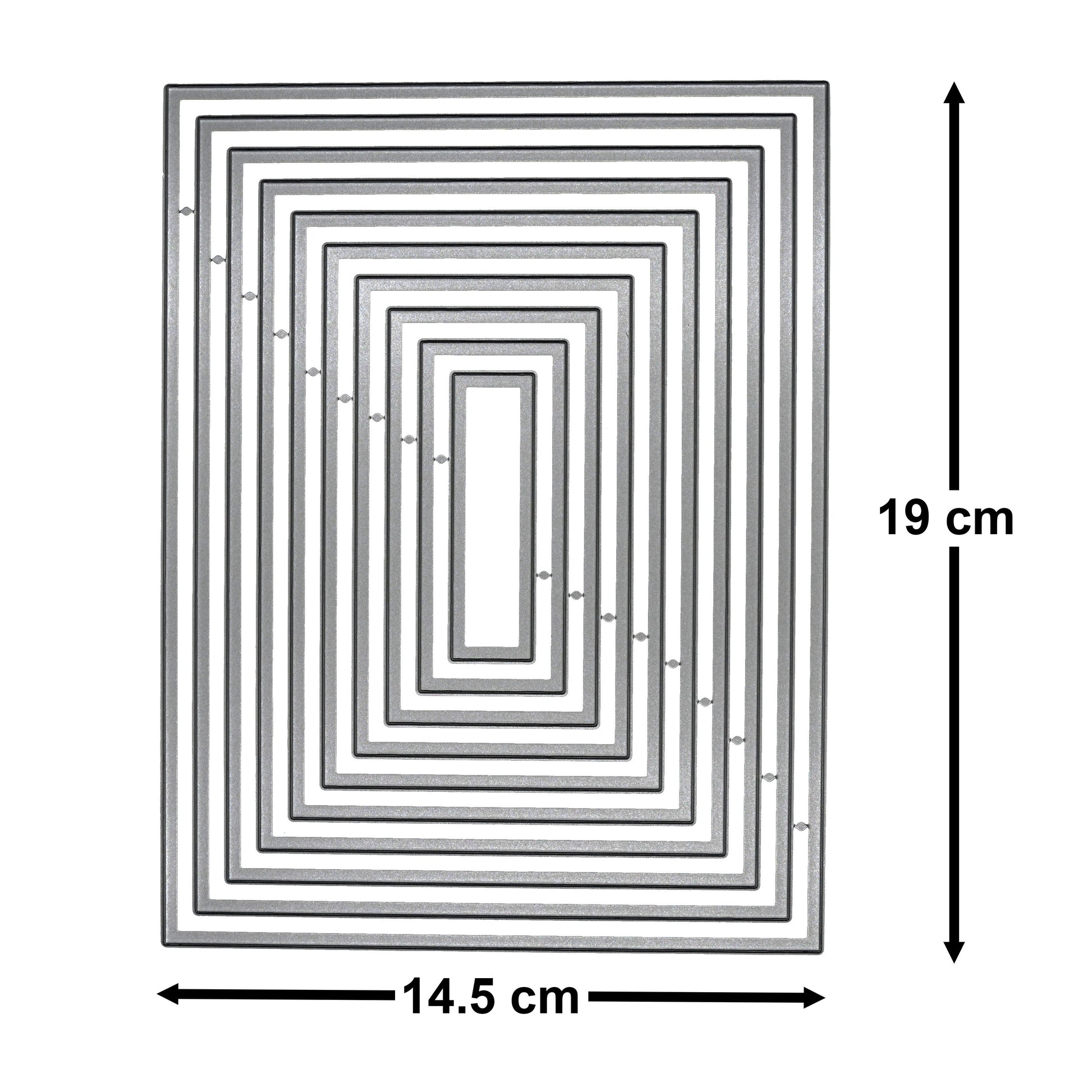Large plain rectangle nesting metal cutting dies measuring 19 cm by 14.5 cm, shown with overall dimensions for card making and layering projects