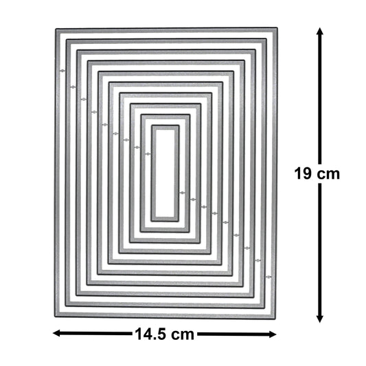 Large plain rectangle nesting metal cutting dies measuring 19 cm by 14.5 cm, shown with overall dimensions for card making and layering projects