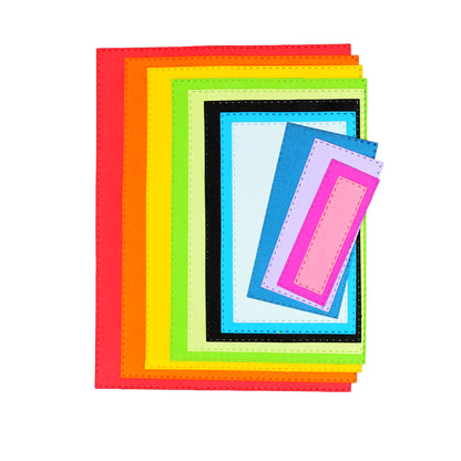 Twelve colourful paper rectangles showing the graduated sizes and single stitched borders cut by the nesting dies.