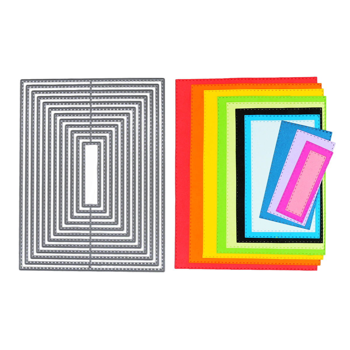 Twelve stitched rectangle metal dies beside colourful paper cuts showing the layered panels they create.