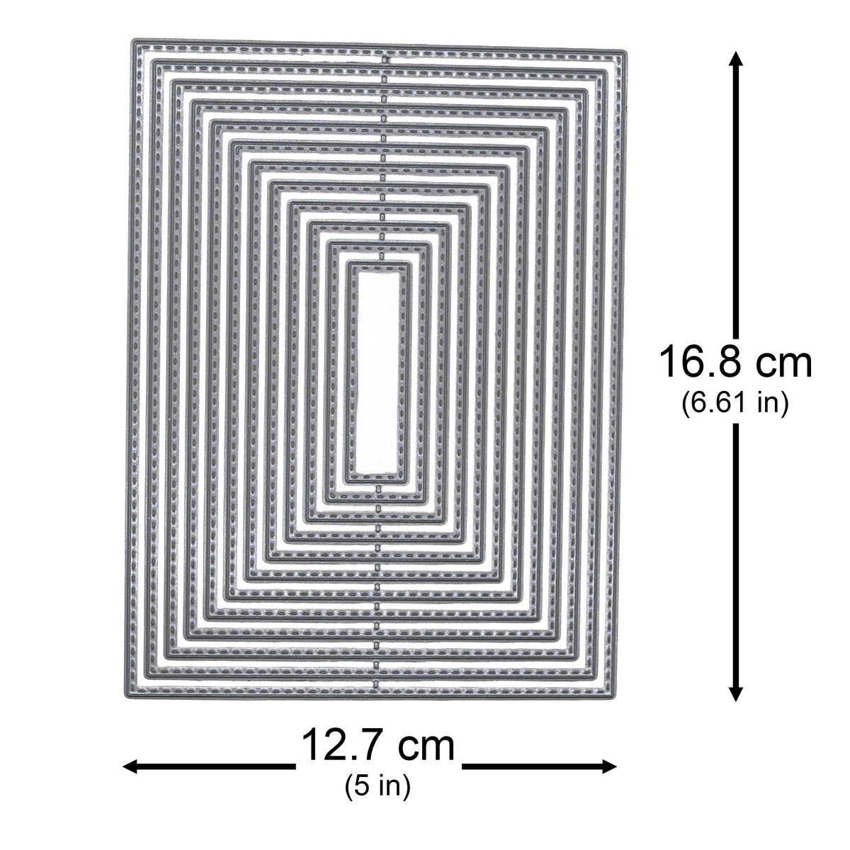 Stitched rectangle nesting dies with the largest size marked as 16.8 cm high and 12.7 cm wide.