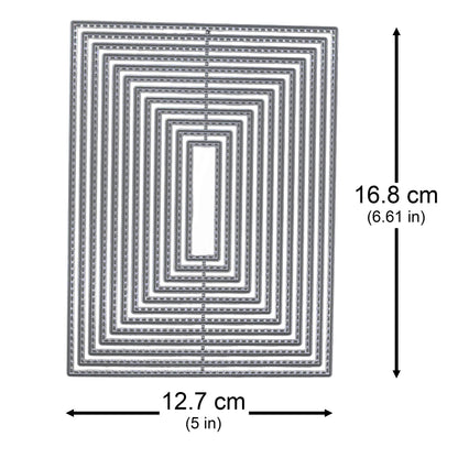 Stitched rectangle nesting dies with the largest size marked as 16.8 cm high and 12.7 cm wide.