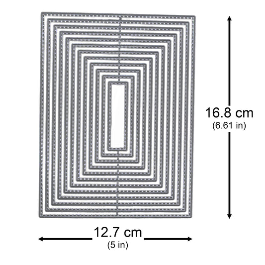 Stitched rectangle nesting dies with the largest size marked as 16.8 cm high and 12.7 cm wide.