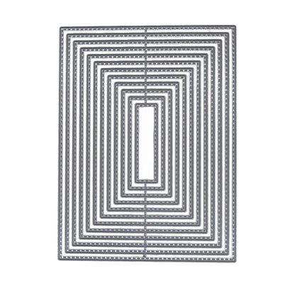 Set of 12 large stitched rectangle nesting metal cutting dies arranged together on a white background.