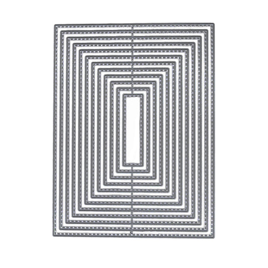 Set of 12 large stitched rectangle nesting metal cutting dies arranged together on a white background.
