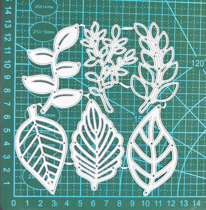 Leaf metal cutting dies set size reference on cutting mat for card making