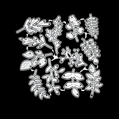 Connected set of 12 leaf and botanical sprig metal cutting dies displayed on a black background