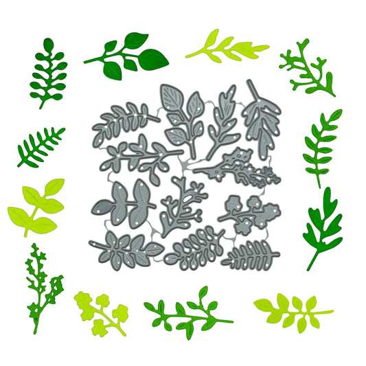 Leaf and foliage metal cutting dies shown with green botanical die cuts demonstrating the 12 finished designs