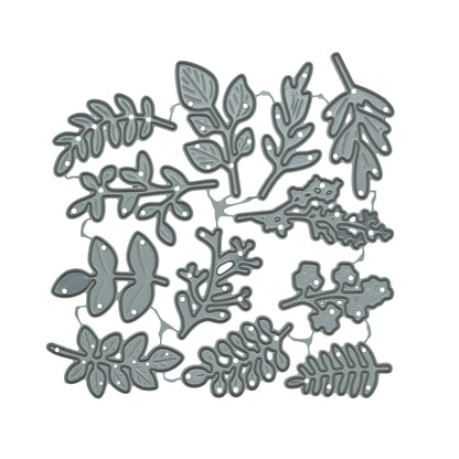 Set of 12 connected leaf and foliage metal cutting dies displayed on a clean white background