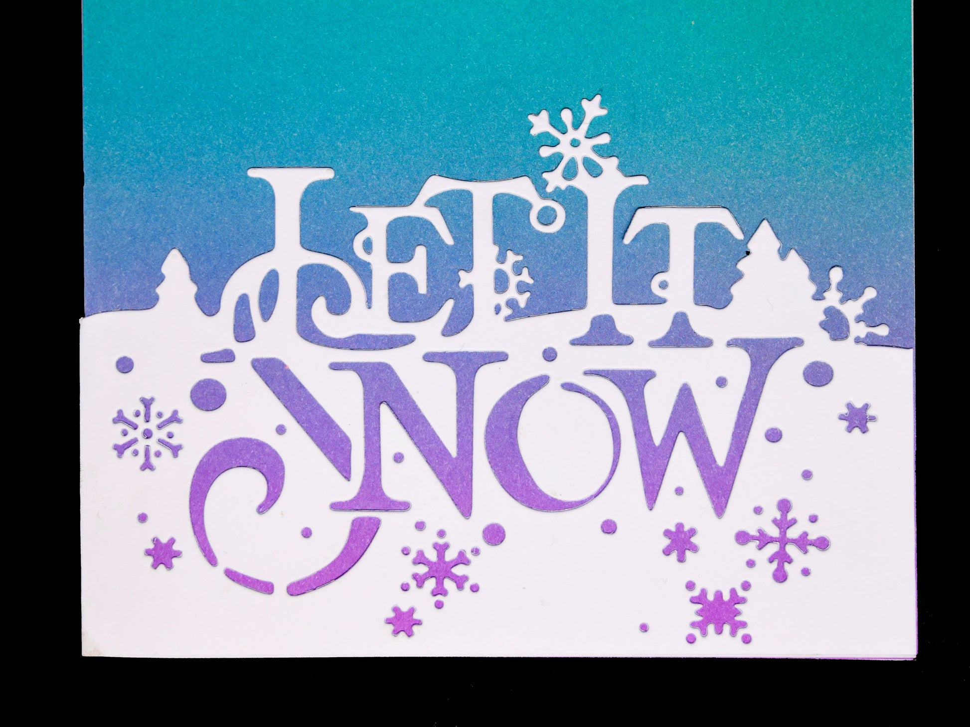 Let it snow die cut card design with snowflakes and winter scene details