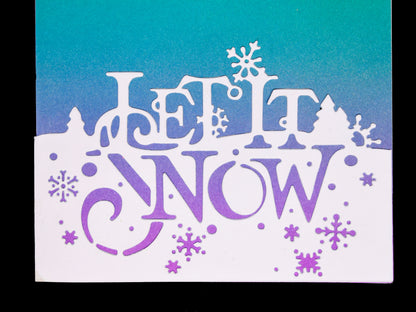 Let it snow die cut card design with snowflakes and winter scene details