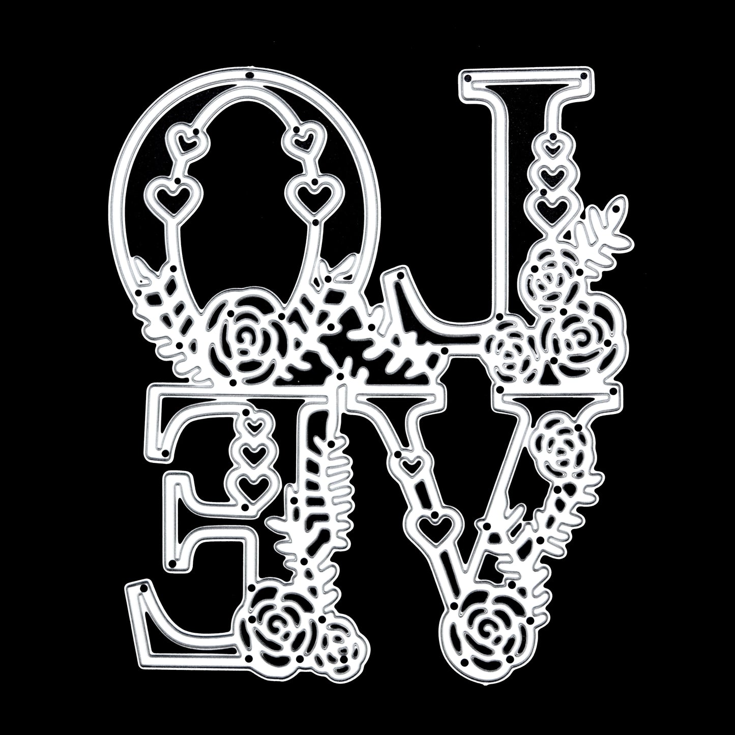 Floral LOVE metal cutting die with heart and flower details on black background for card making