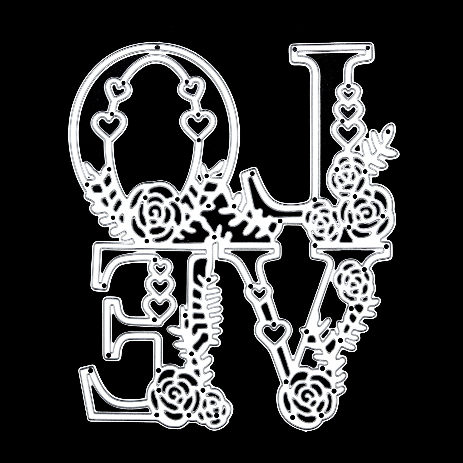 Floral LOVE metal cutting die with heart and flower details on black background for card making