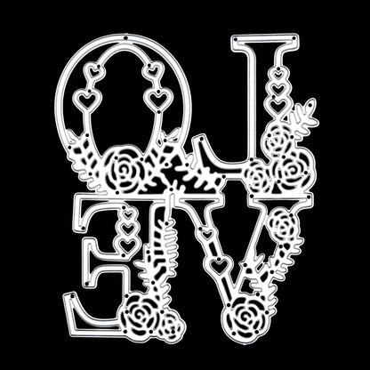 Floral LOVE metal cutting die with heart and flower details on black background for card making