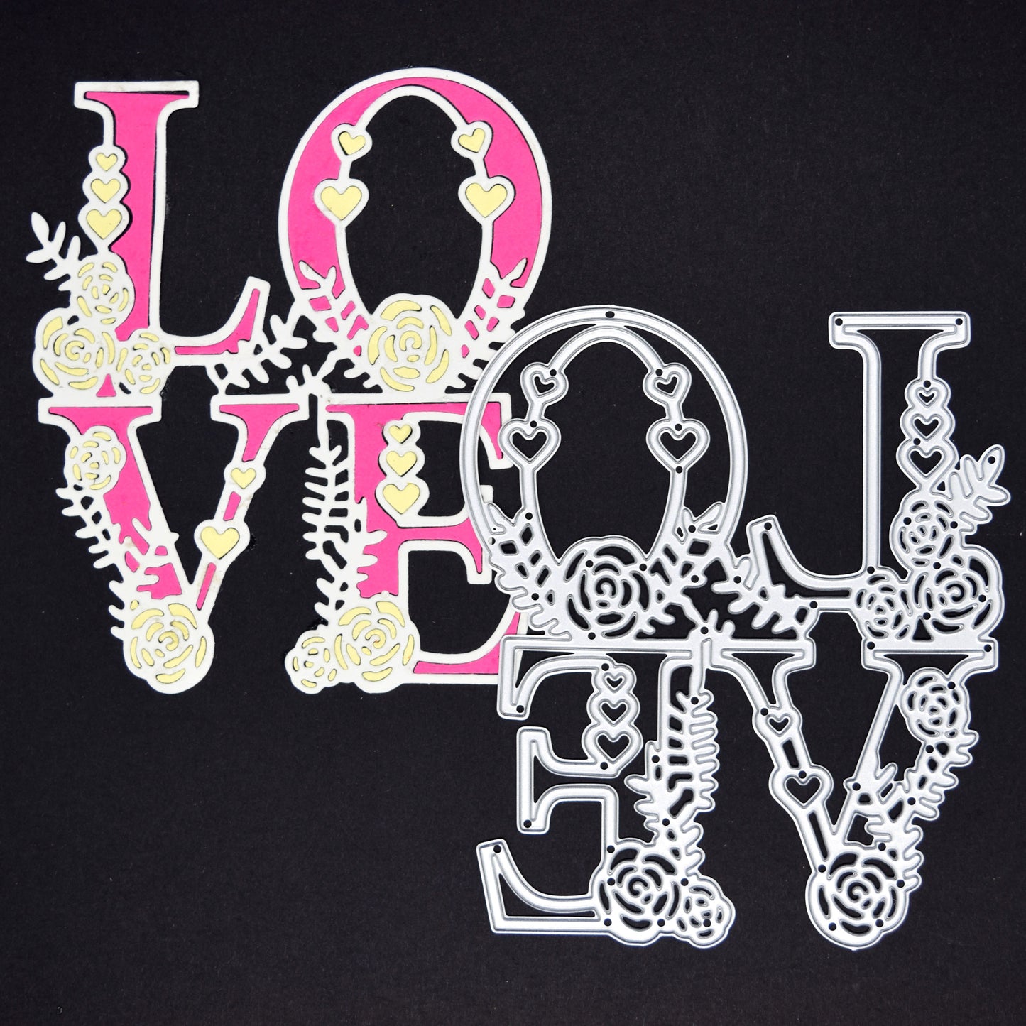Floral LOVE metal cutting die with matching cut piece showing intricate heart and flower details